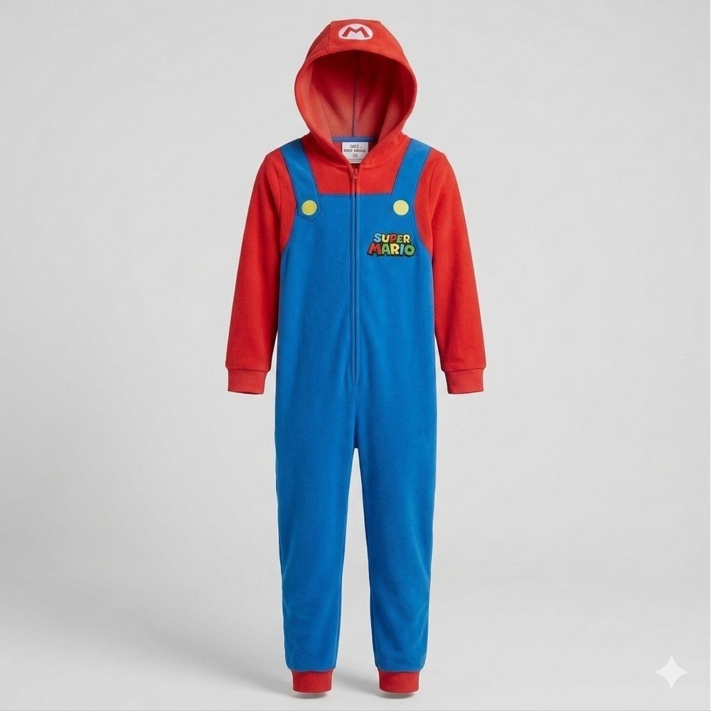 Super Mario Kids Fleece Hooded Union Suit Pajamas Red Blue Size S 6/7 One Piece